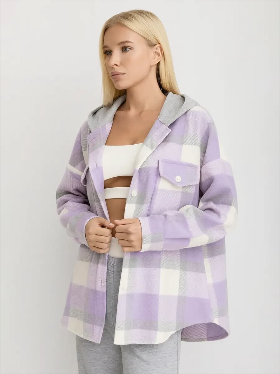 Теплая рубашка в клетку с капюшоном