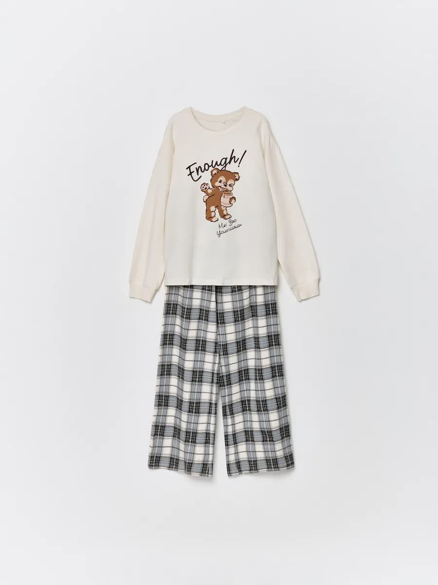 Пижама со штанами и лонгсливом трикотажная с принтом