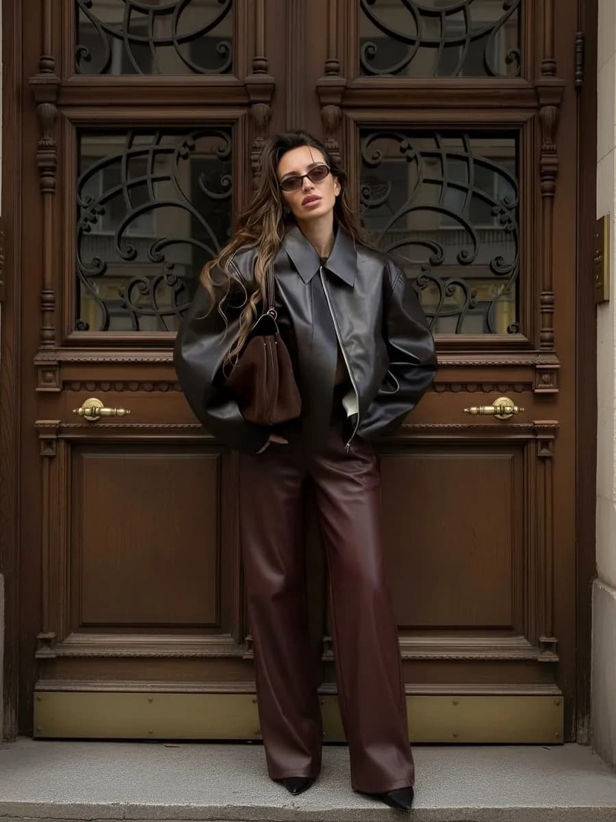 Брюки кожаные утепленные палаццо