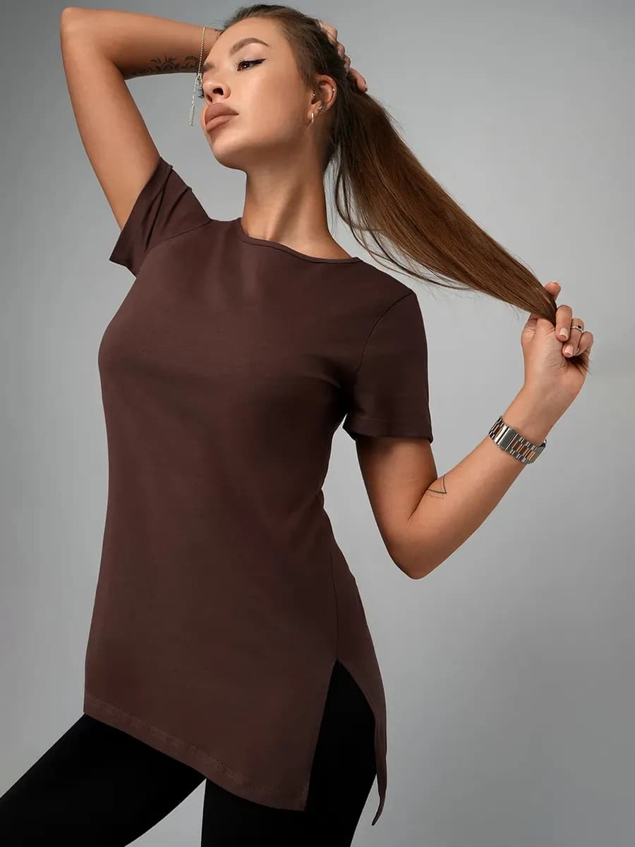 Футболка туника с разрезами удлиненная однотонная хлопок