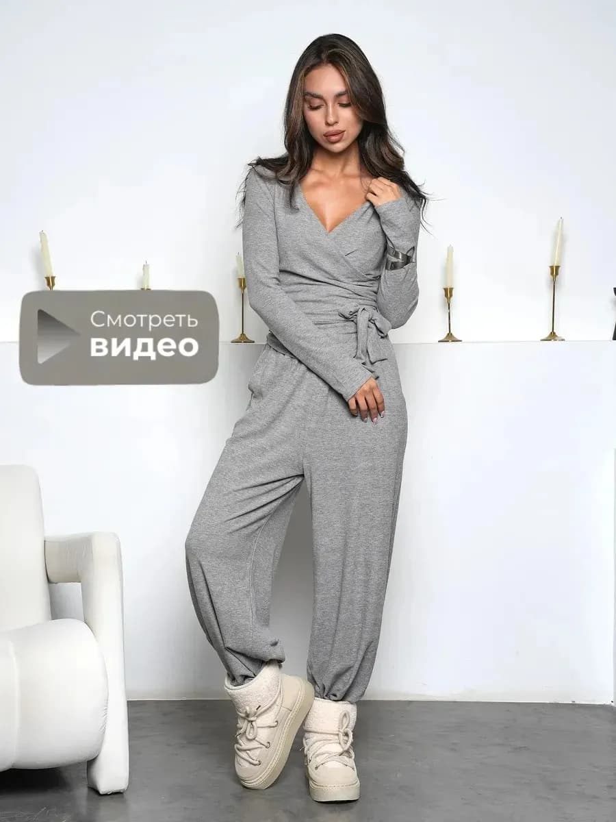 Теплый костюм трикотажный скимс с брюками палаццо офисный