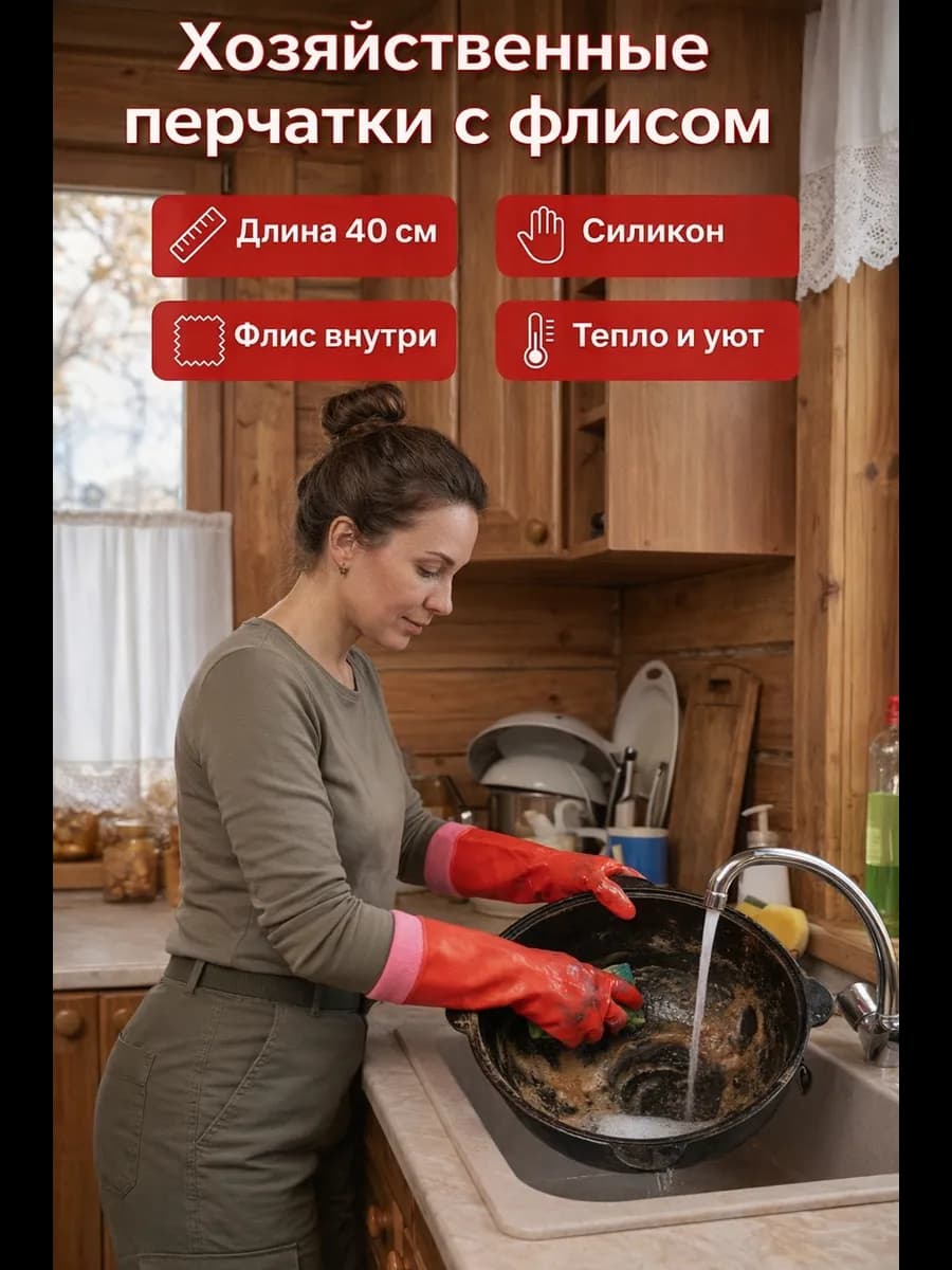 Резиновые перчатки хозяйственные с флисом