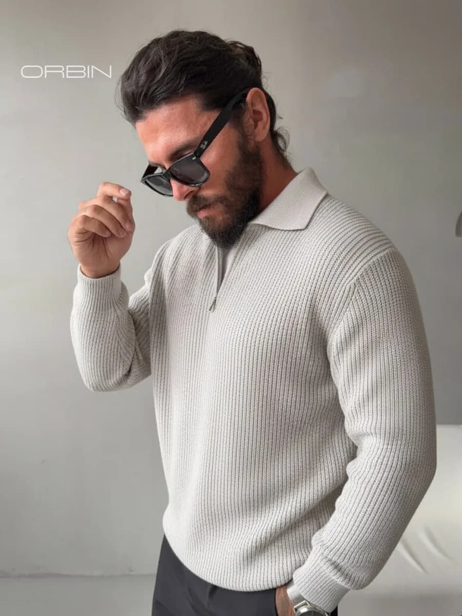 Свитер теплый вязаный на молнии с воротником