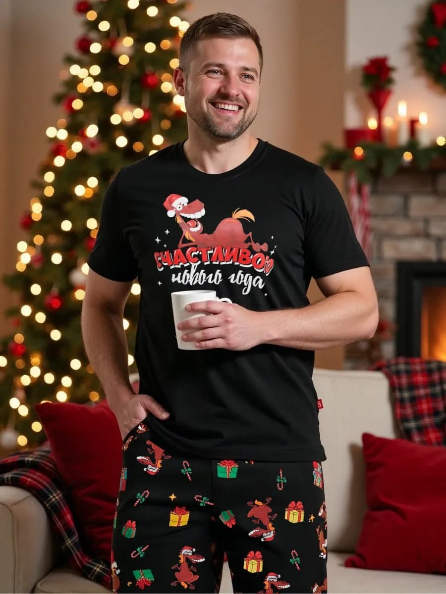 Новогодняя мужская пижама со штанами семейная
