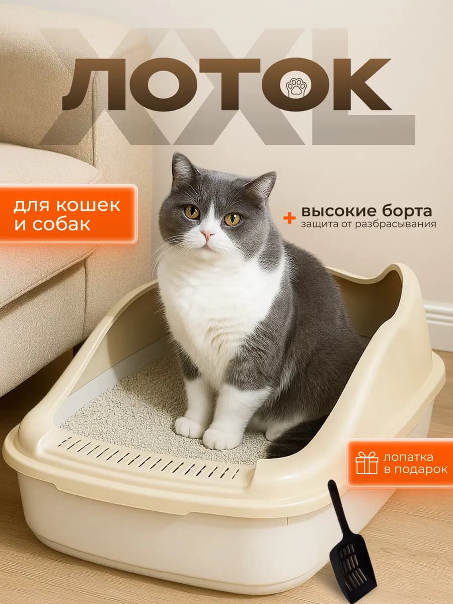 Лоток для кошек большой 48х35х18 с бортиком и решеткой