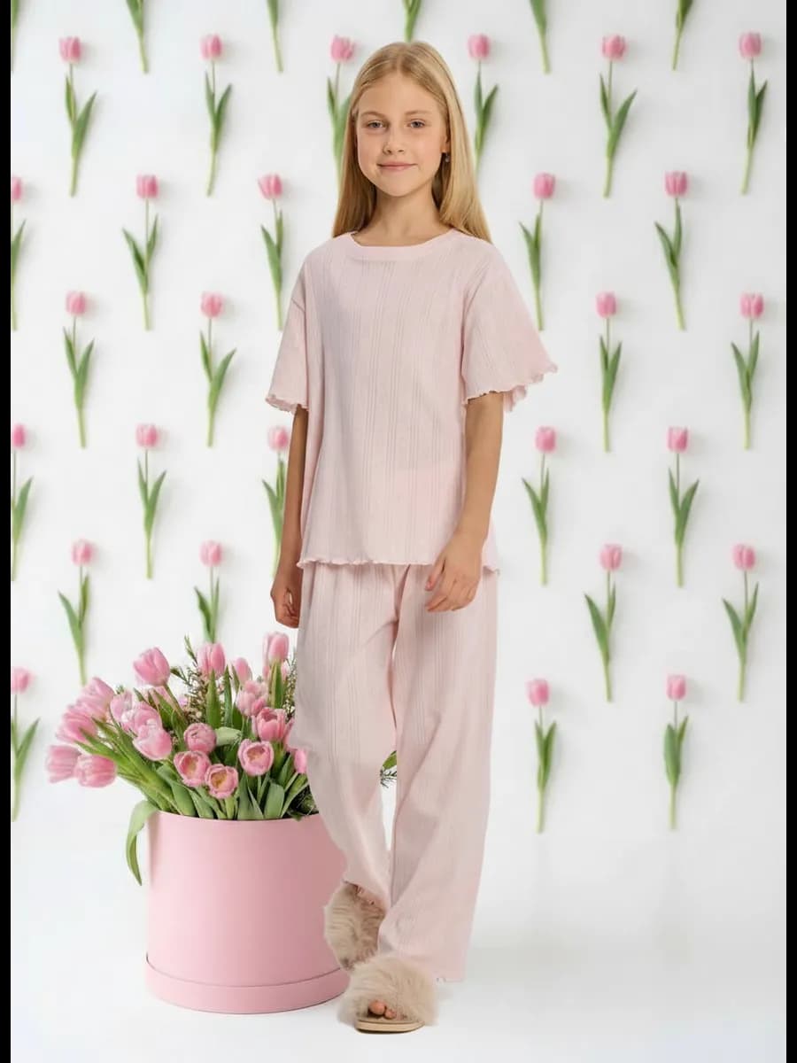 Пижама хлопковая со штанами ажурная розовая