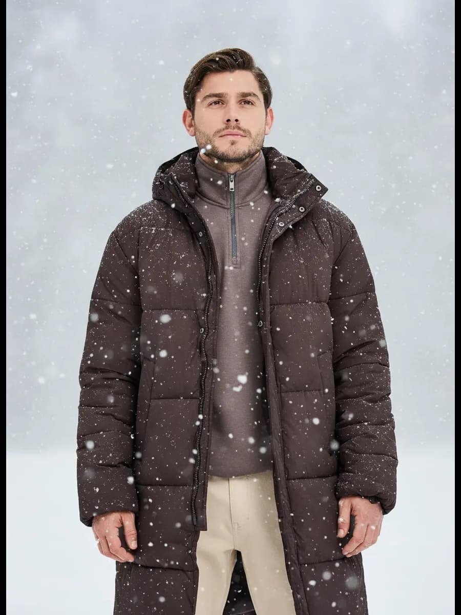 Удлиненная куртка стеганая с капюшоном