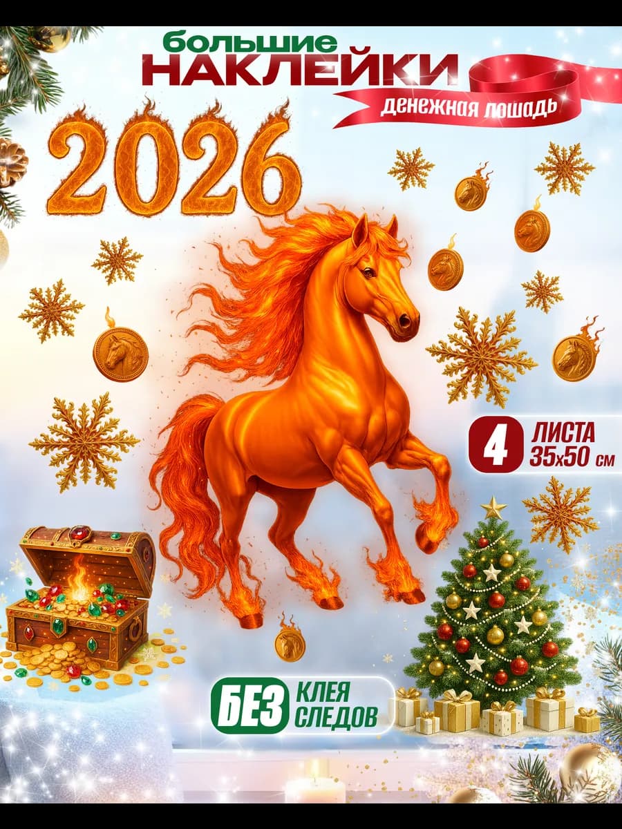 наклейка лошадь новогодняя двусторонняя 2026 огненная