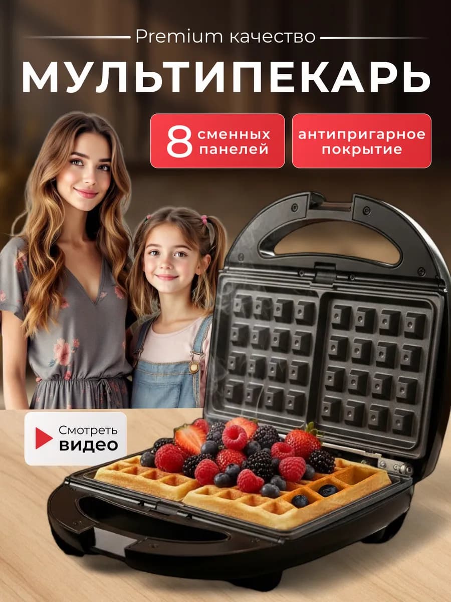 Мультипекарь 8в1 вафельница сменными панелями гриль