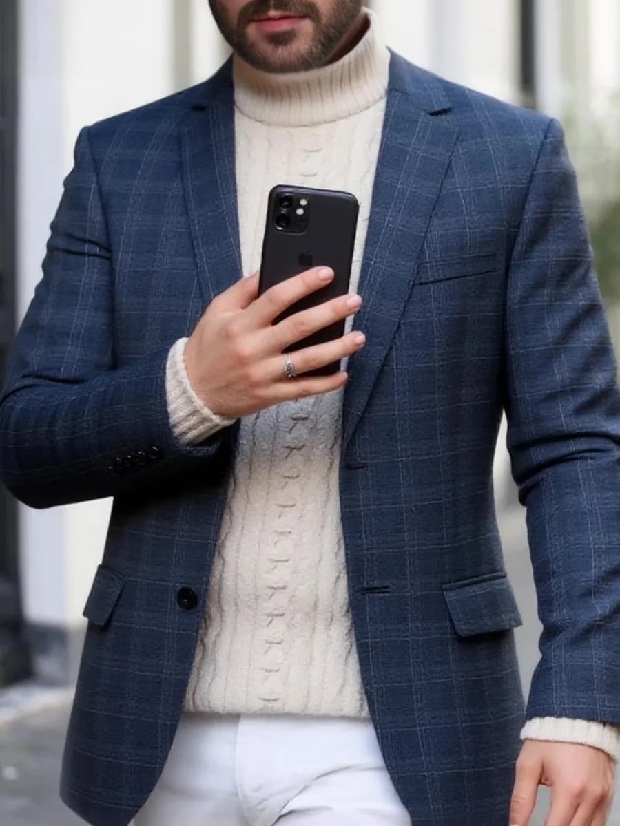 Пиджак под джинсы в клетку повседневный классический синий