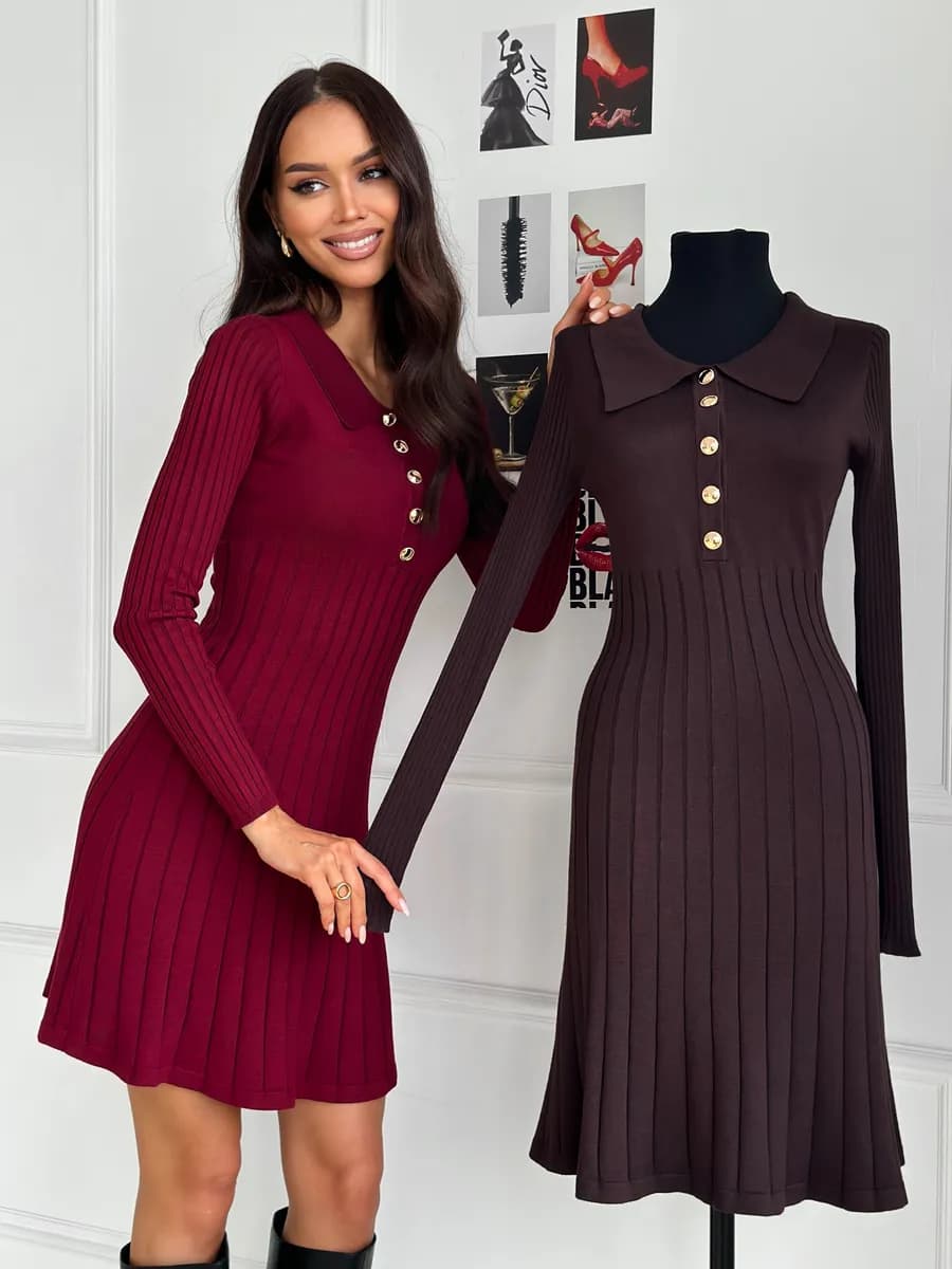 Платье-поло вязаное длинный рукав с юбкой "СОЛНЦЕ" модное