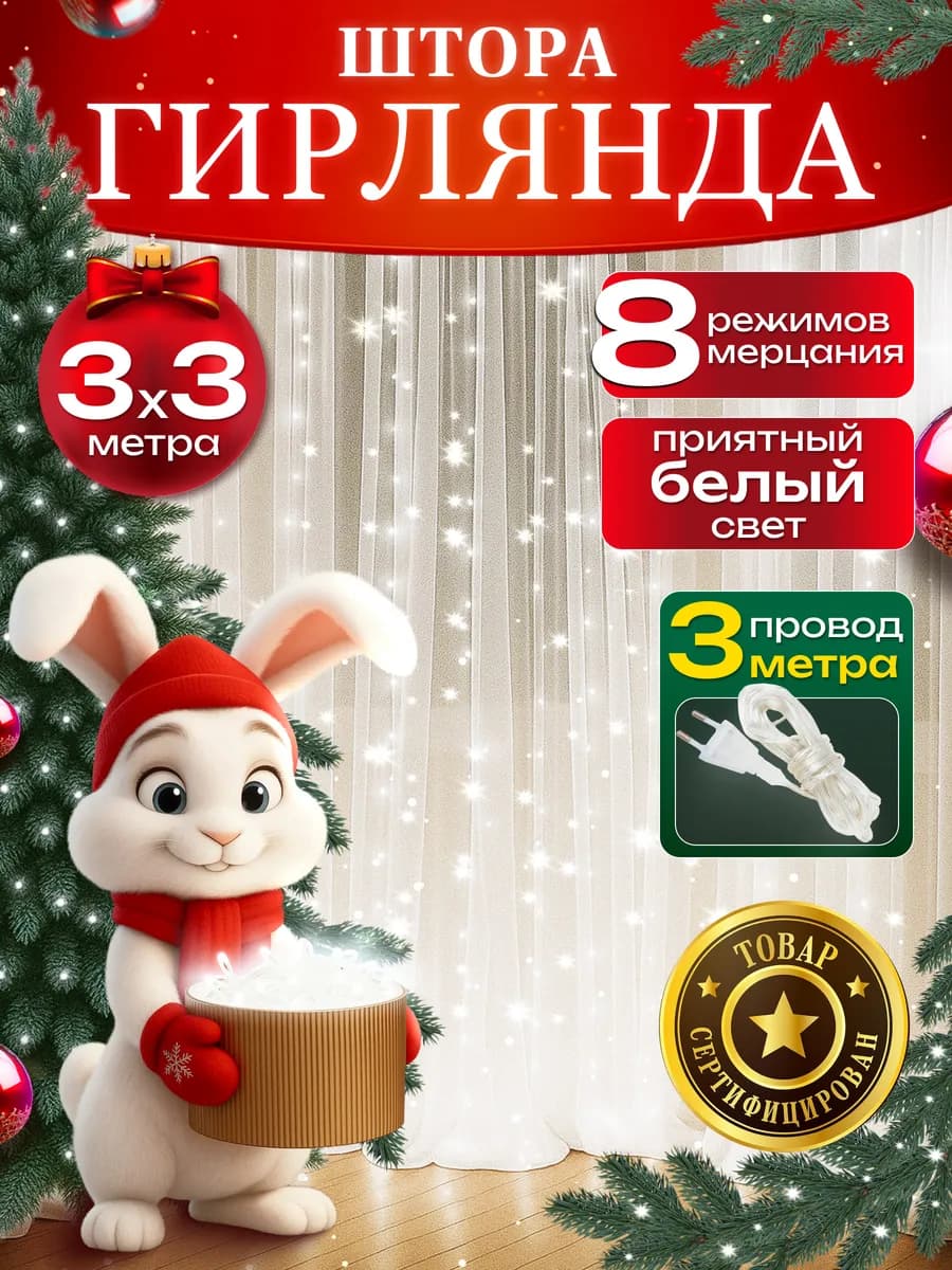 Гирлянда штора 3х3 на окно белая
