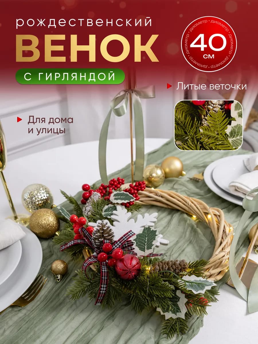 Венок новогодний хвойный рождественский с гирляндой 40 см