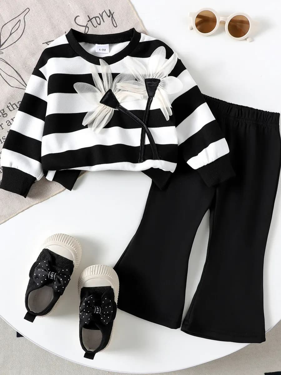 Костюм для девочки свитшот в полоску брюки клёш черно-белый