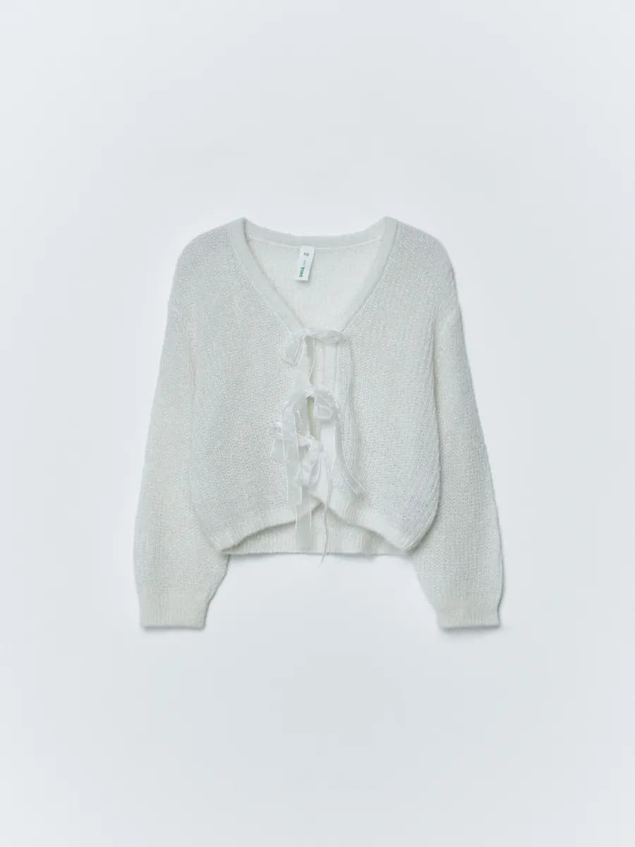 Вязаный кардиган розовый шерстяной с бантиками