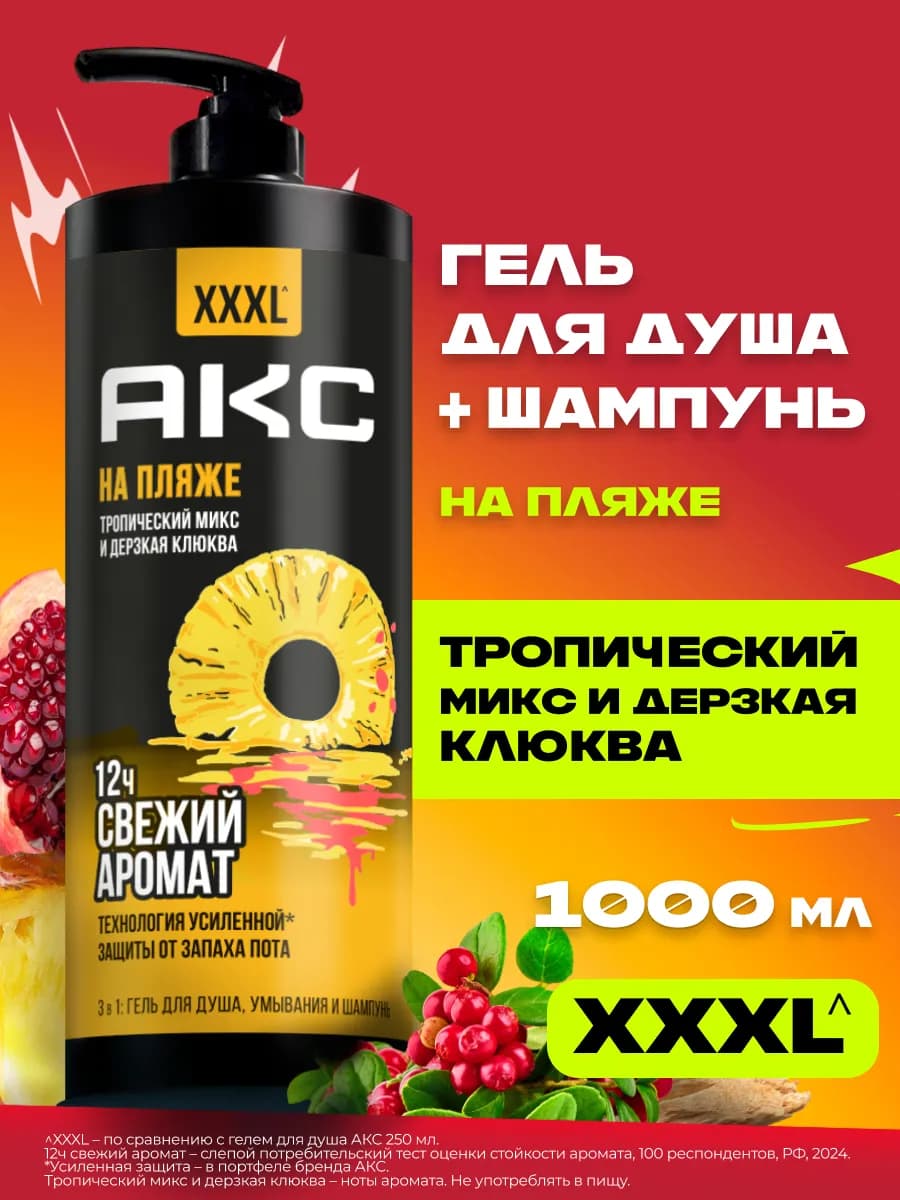 Гель для душа мужской и шампунь для волос 3в1 1000 мл