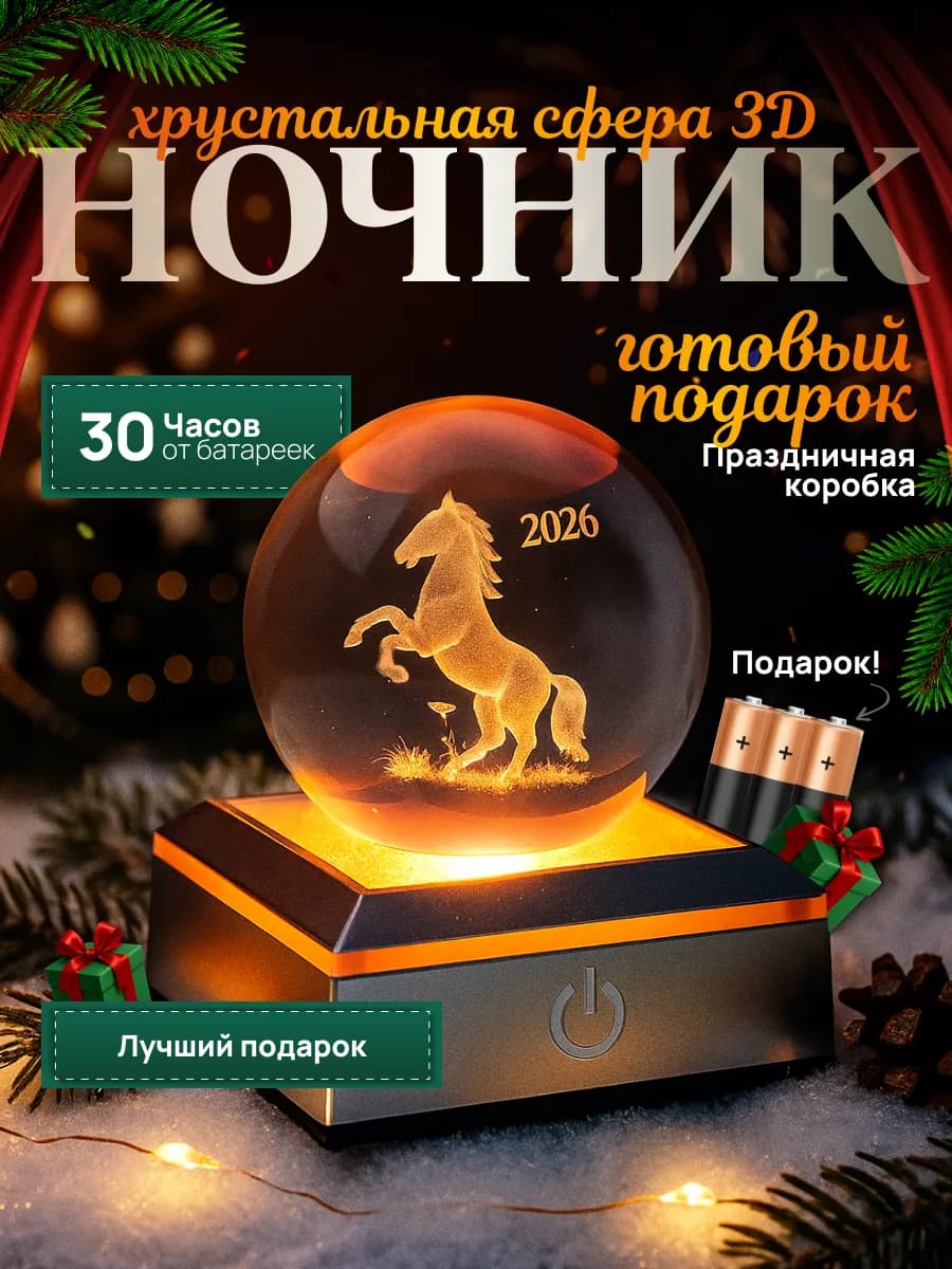 Ночник хрустальный шар лошадь символ года 2026