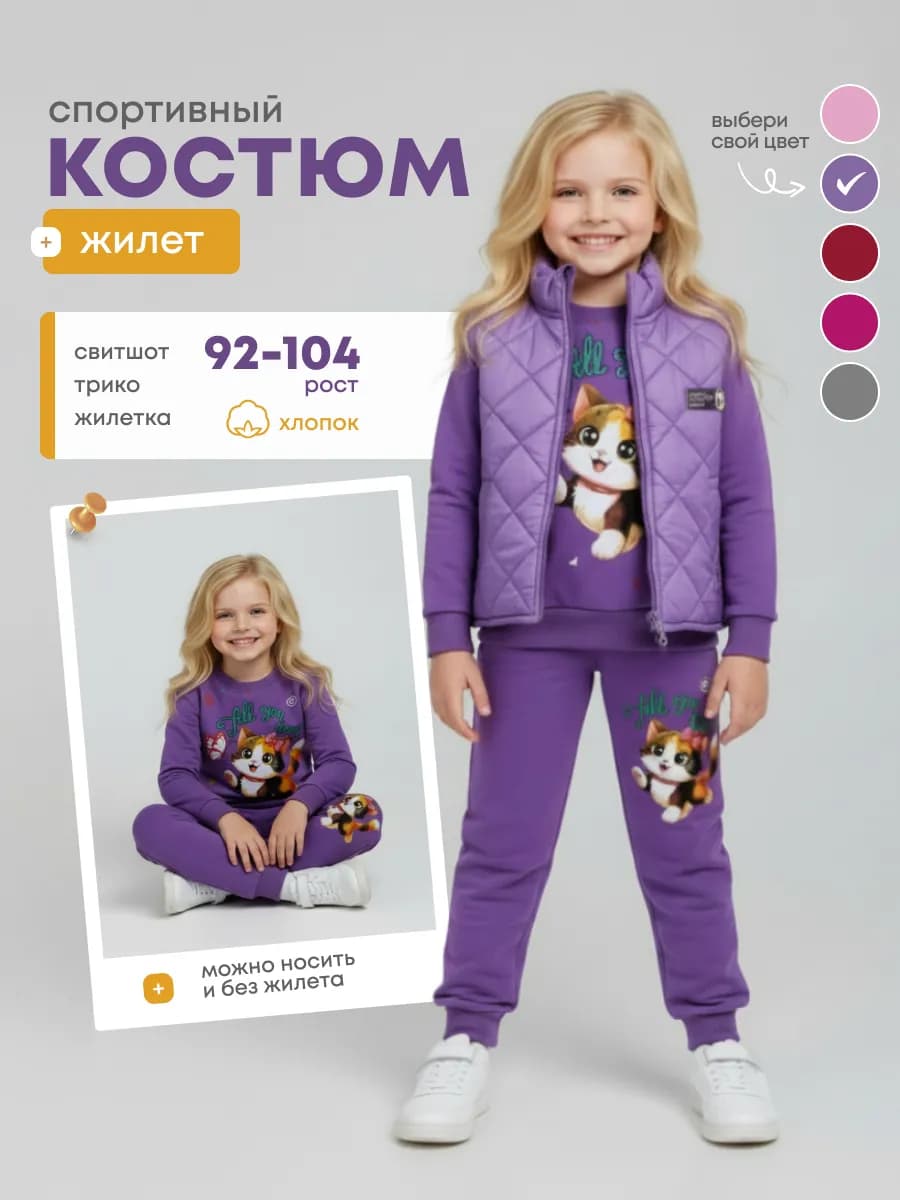 Костюм для девочки спортивный тройка с жилеткой