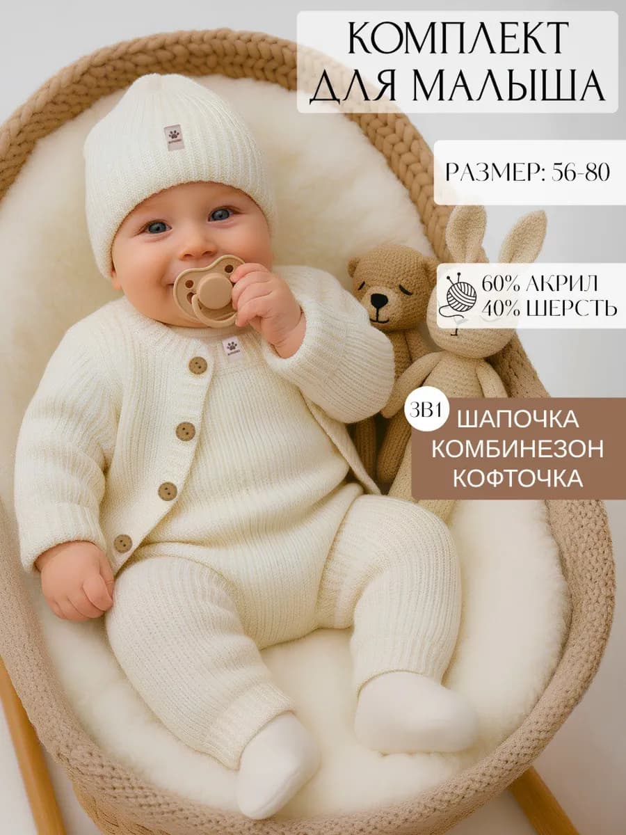 Комплект вязаный для новорожденных костюм от 0 - 6 месяцев