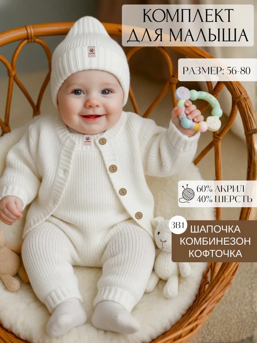 Комплект вязаный для новорожденных костюм от 0 - 6 месяцев