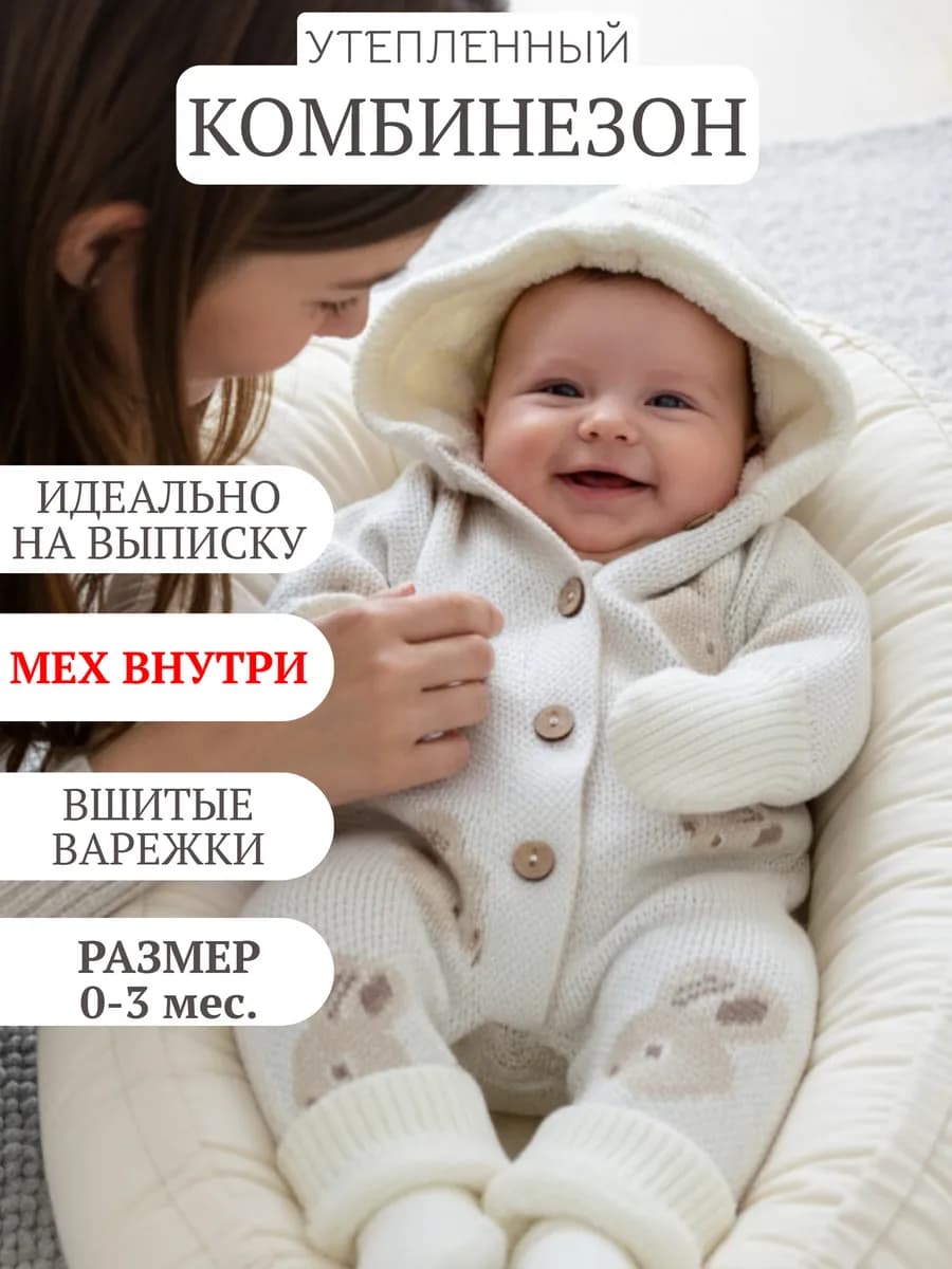 Вязаный утепленный комбинезон для новорожденных с капюшоном