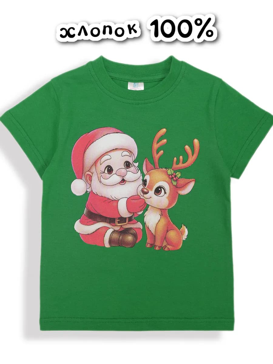 Футболка новогодняя детская принт Дед мороз и олень 2026