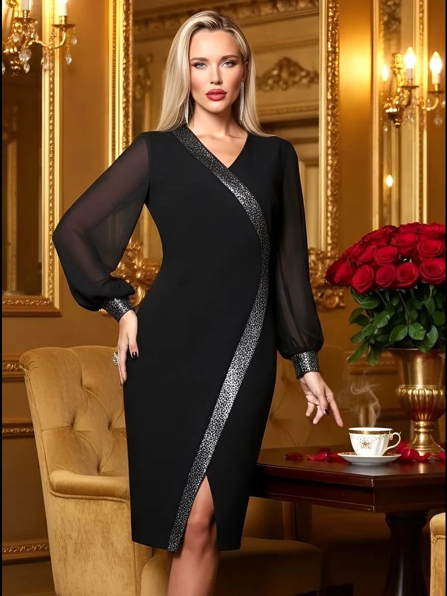 Платье нарядное чёрное с шифоновыми рукавами