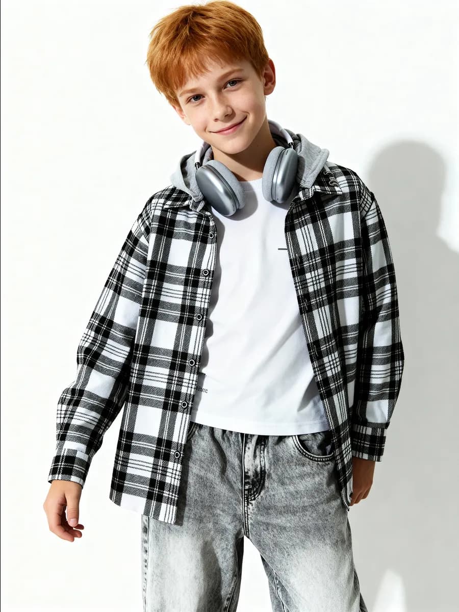 Рубашка фланелевая в клетку с капюшоном подростковая весна