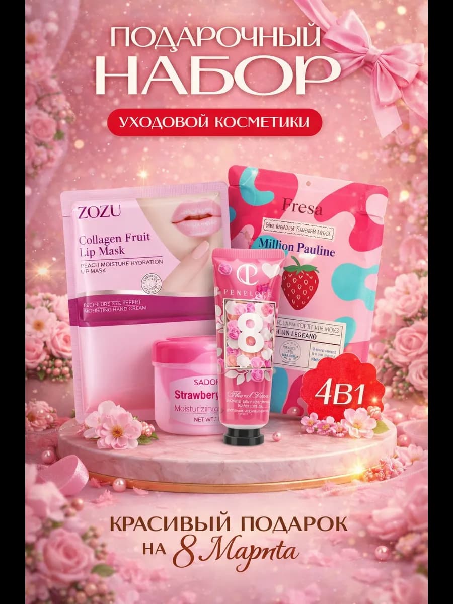 Подарочный новогодний набор крем для рук патчи и бальзам 4в1