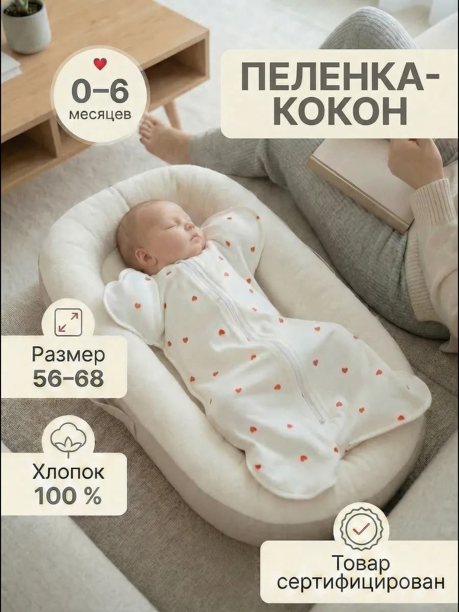 Пеленка кокон на молнии для сна, конверт для новорожденных