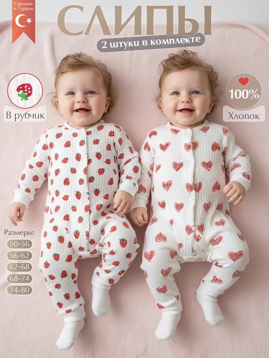 Комбинезон слип для новорожденных, комплект 2 шт 60
