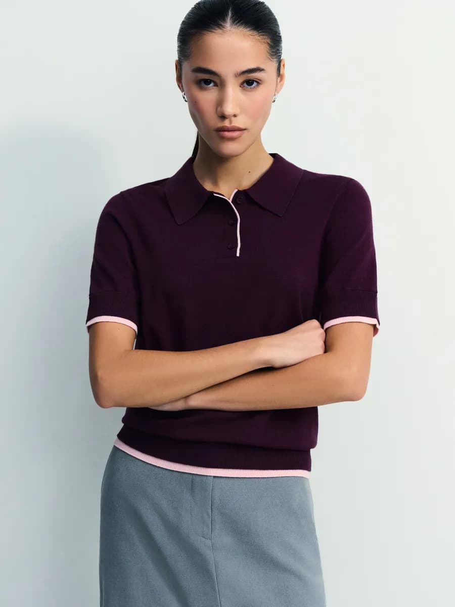 Джемпер поло вязаный из вискозы с короткими рукавами