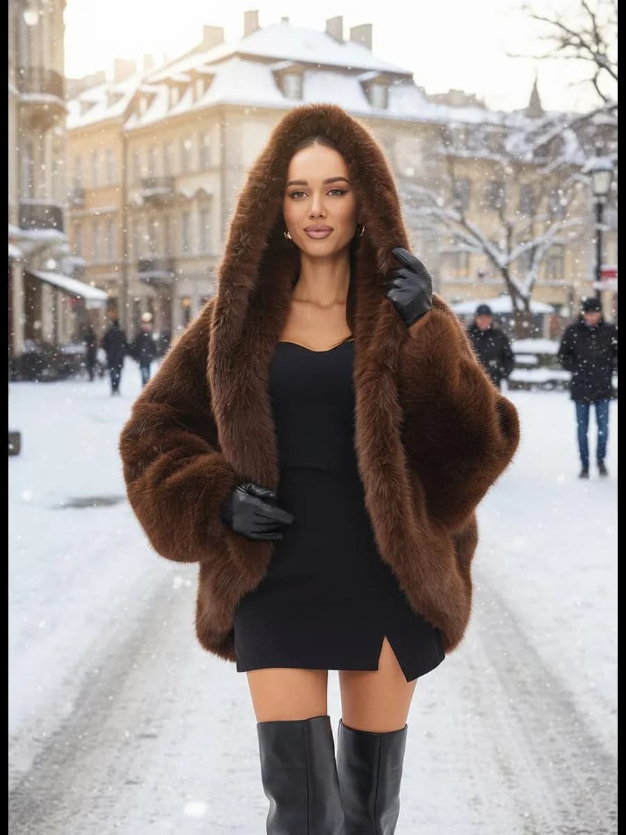 Шуба искусственная с капюшоном коричневая