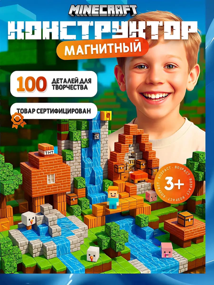Майнкрафт. Конструктор магнитный Minecraft 100 кубиков
