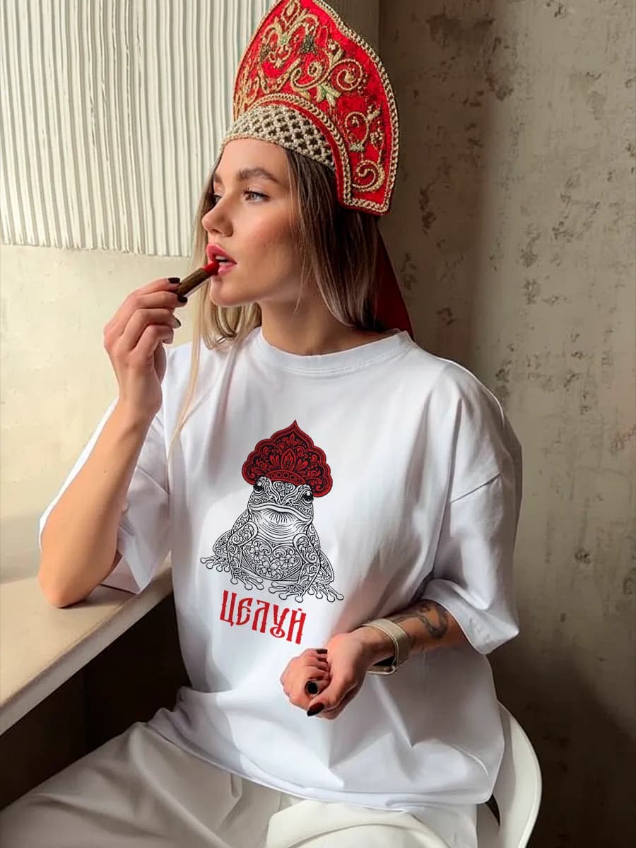 футболка оверсайз белая с принтом русский стиль