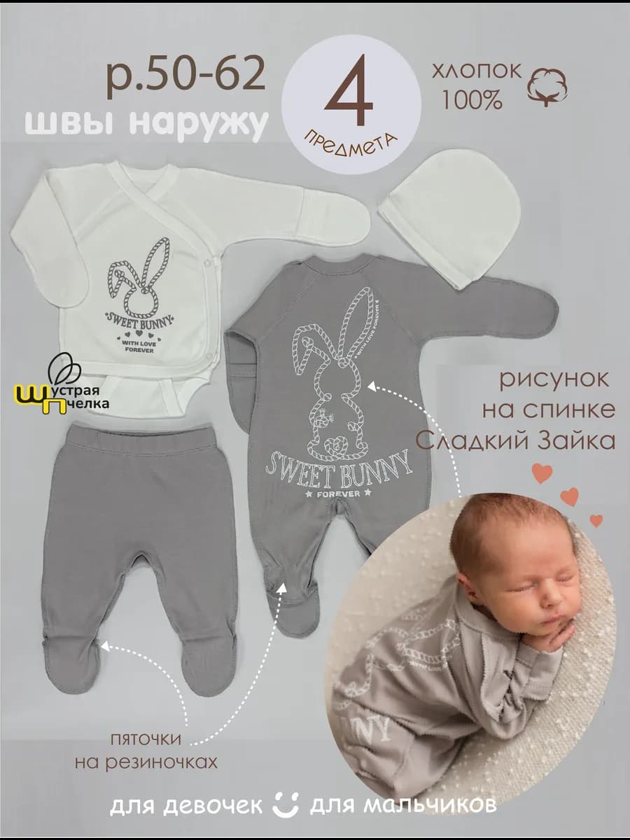 Комплект для новорождённого швы наружу 4-х предметный