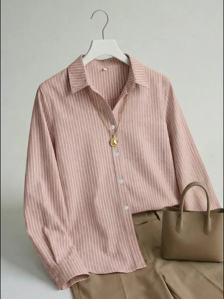 Коричневая рубашка в полоску нарядная вечерняя хлопковая