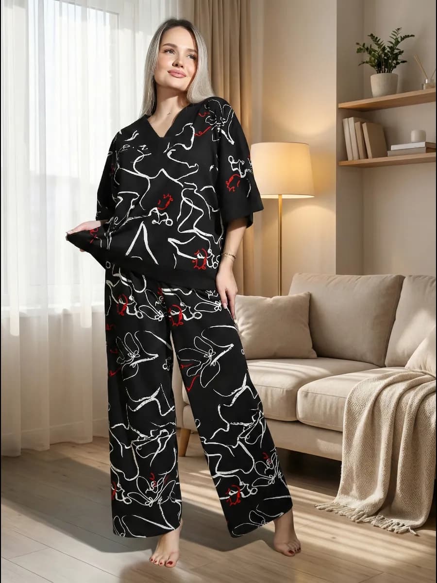 Пижама кимоно со штанами хлопок больших размеров новогодняя