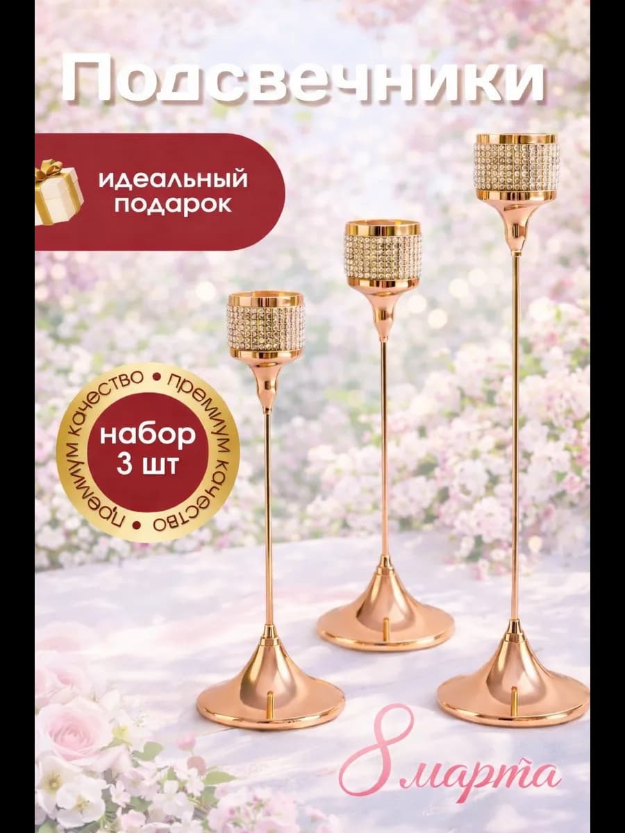 Набор золотых подсвечников 3 штуки