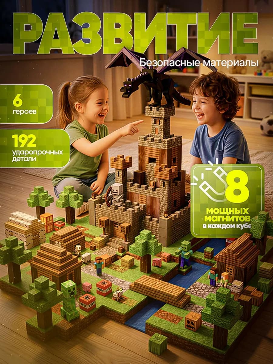 Майнкрафт. Магнитный конструктор Minecraft 198 элементов