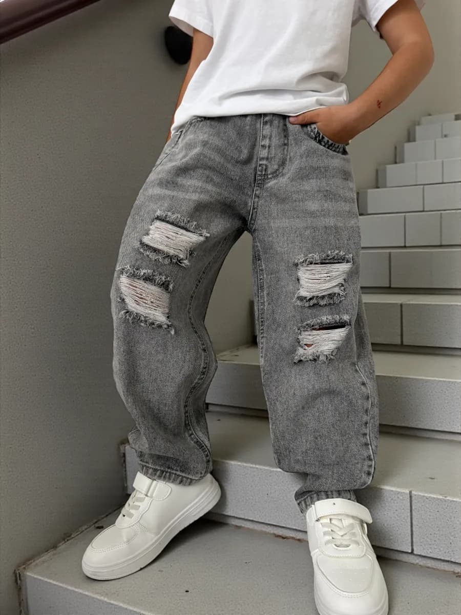 Джинсы бананы подростковые широкие на резинке рваные