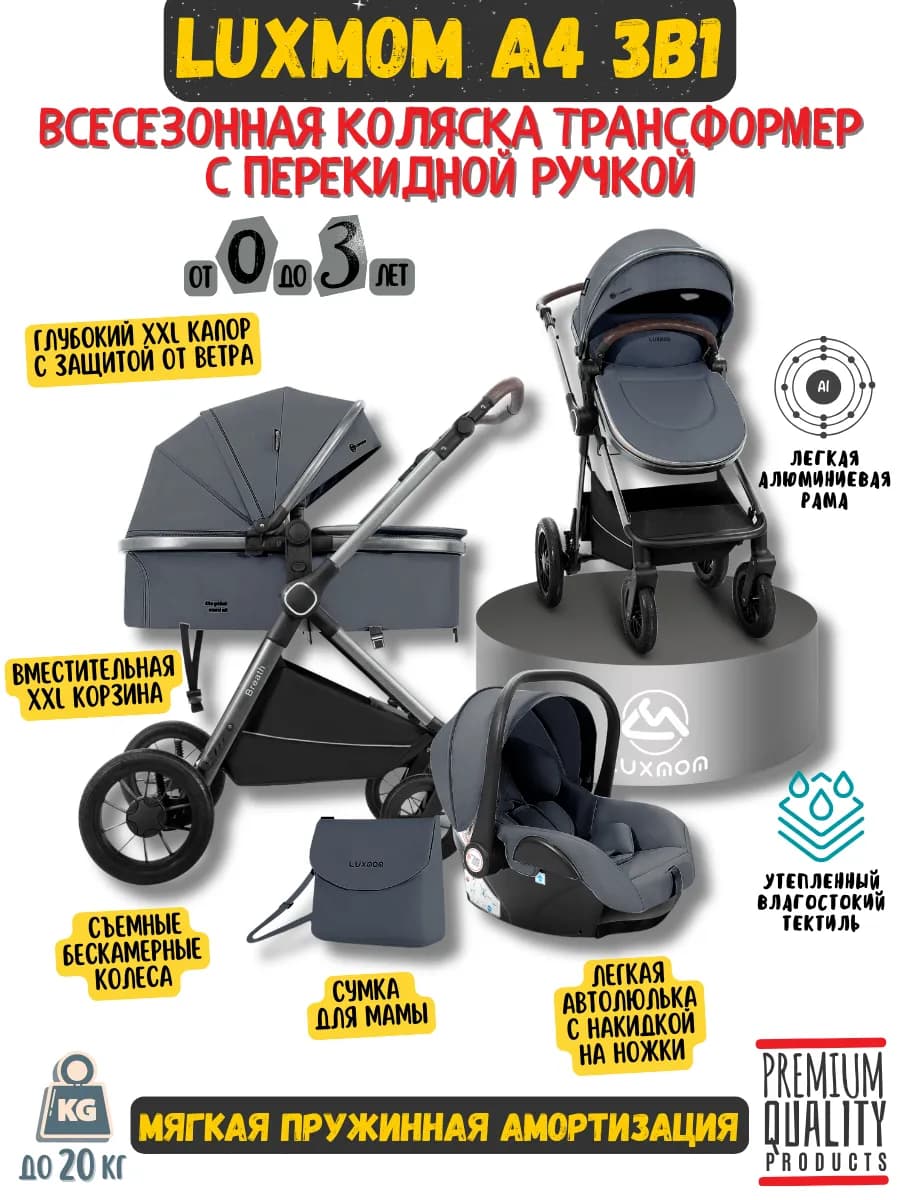 Коляска трансформер A4 3в1 с автолюлькой и перекидной ручкой