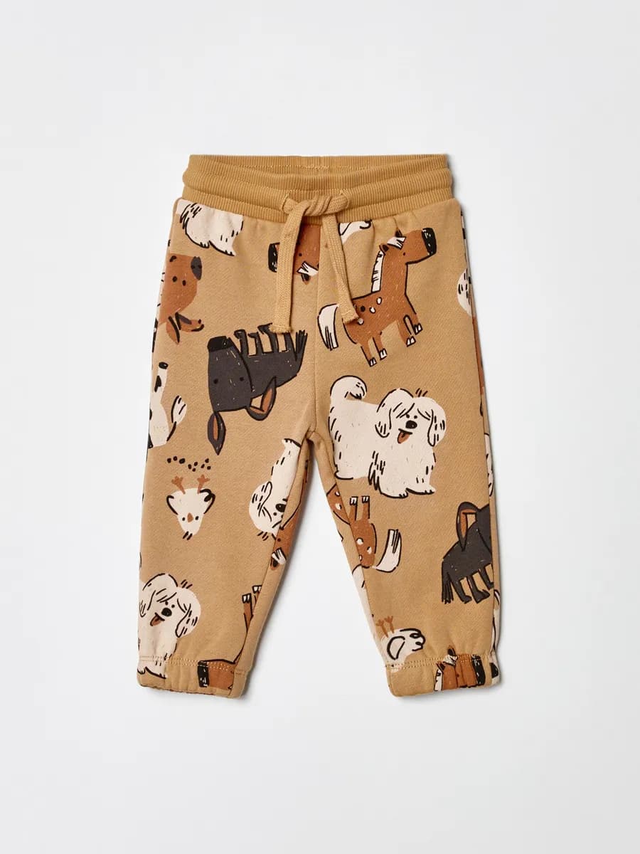 Трикотажные брюки джоггеры утепленные с принтом