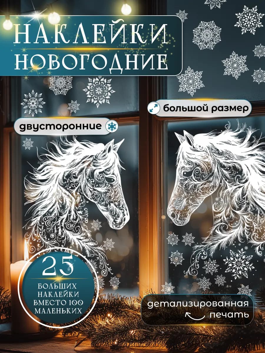 Новогодние наклейки на окна двусторонние Лошади
