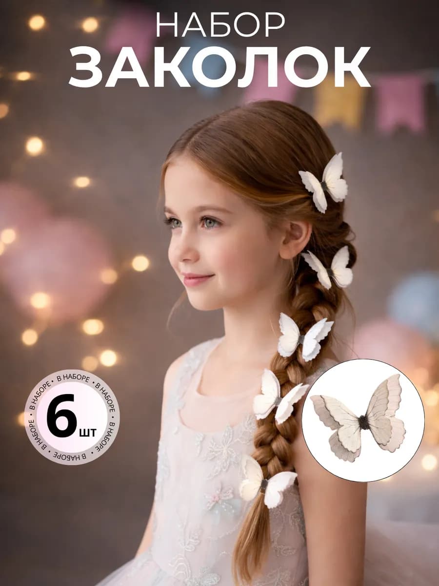 Заколки бабочки набор 6 шт. на выпускной
