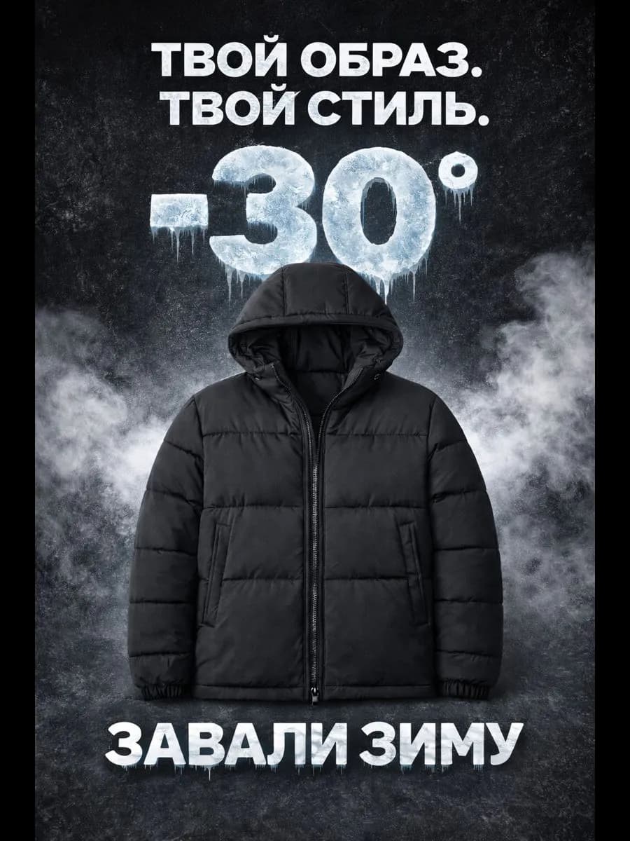Зимняя куртка -30 утеплённая чёрная с капюшоном оверсайз
