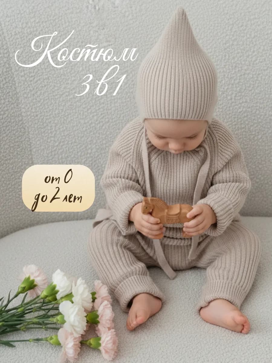 Костюм вязаный для малыша тройка - штанишки, кофта, шапочка