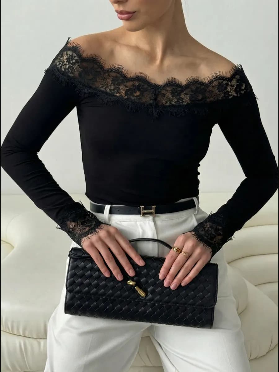 Лонгслив с открытыми плечами кружево облегающий