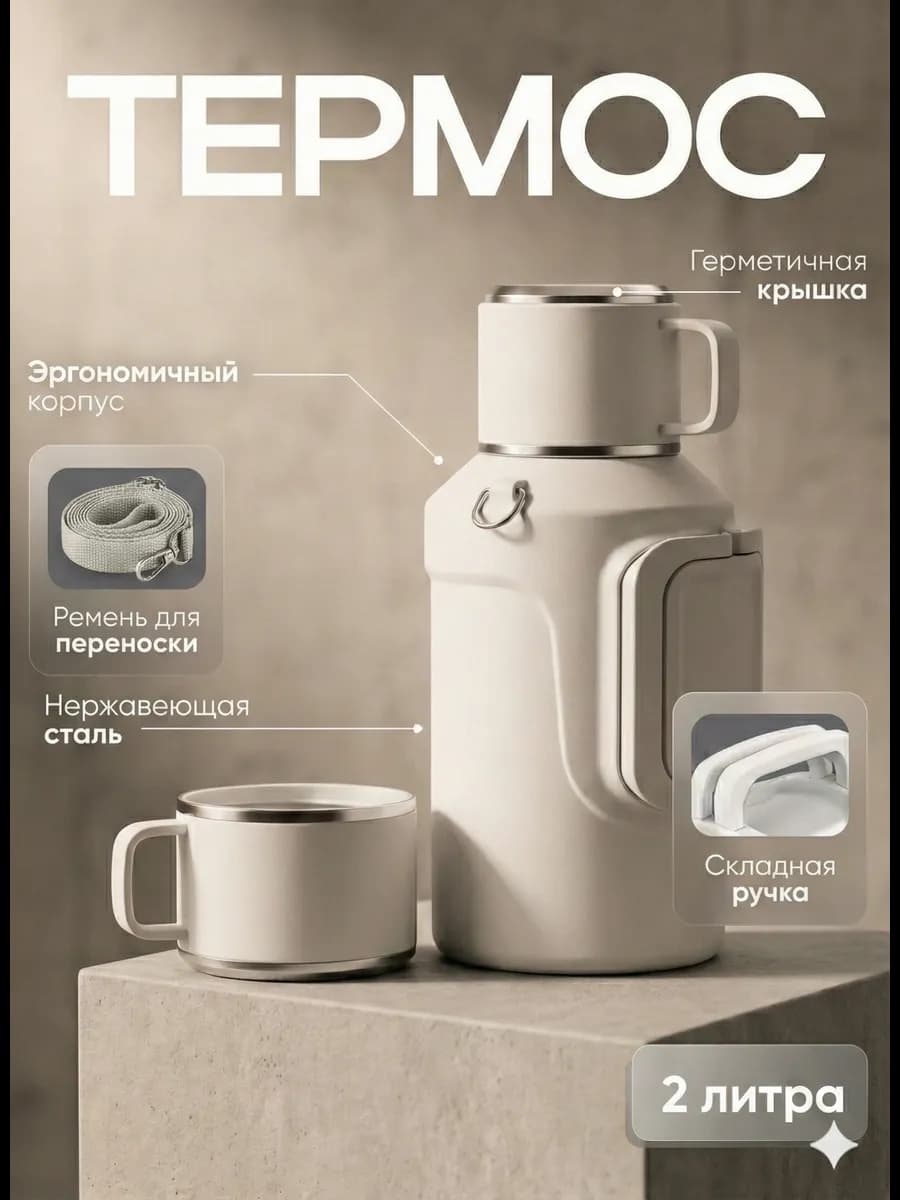 Термос 2 литра с кружкой для чая металлический походный