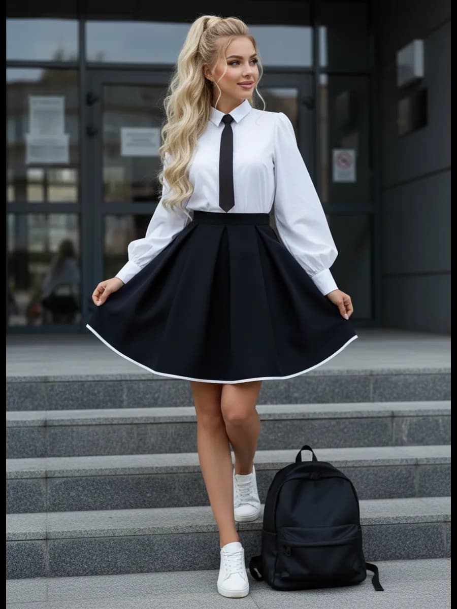 Юбка школьная трапеция с белой бейкой